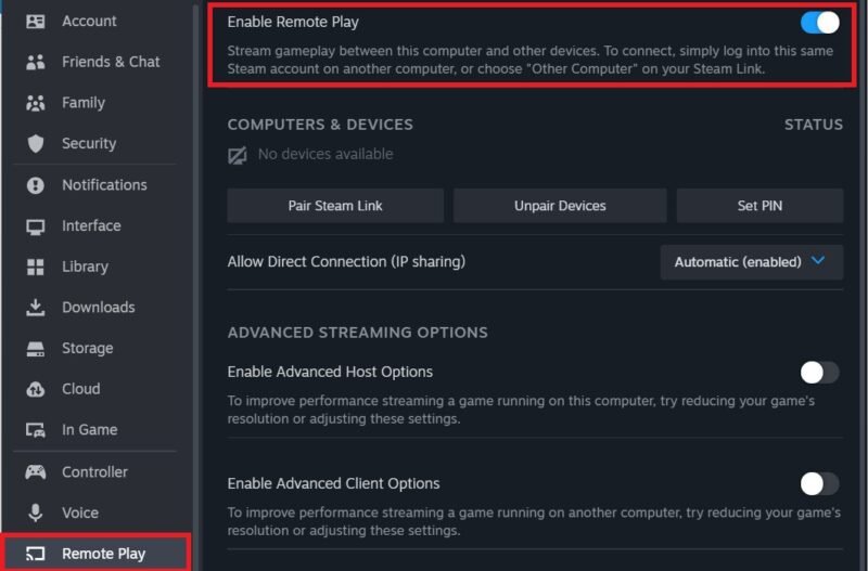 Включите Steam Remote Play в настройках.