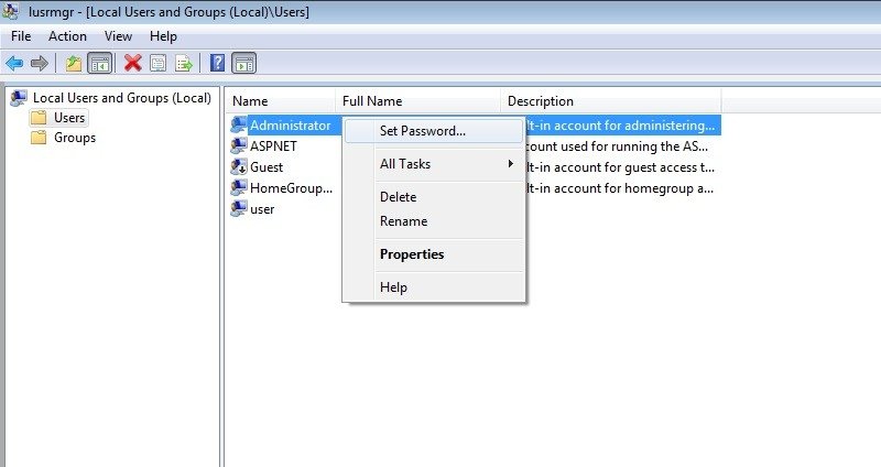 Щелкните правой кнопкой мыши учетную запись суперадминистратора, чтобы установить пароль внутри Lusrmgr.