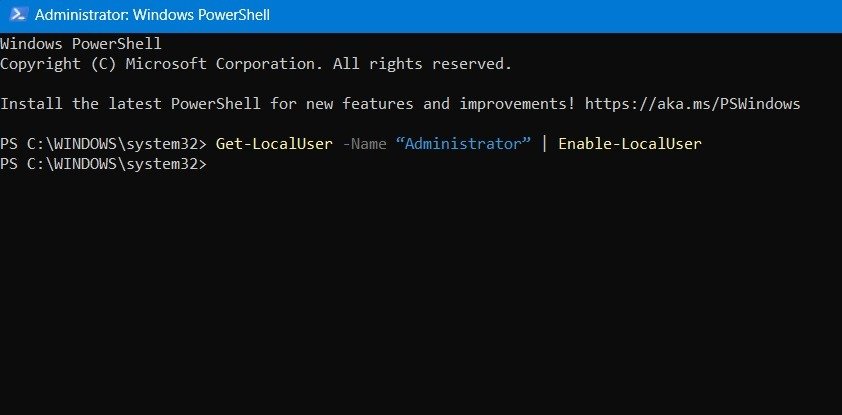 Включите учетную запись суперадминистратора в окне PowerShell.