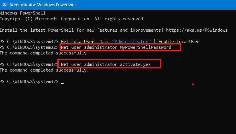 Установите пароль и активацию учетной записи с помощью PowerShell для учетной записи суперадминистратора.