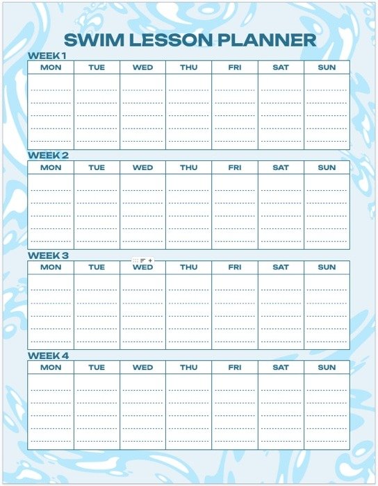 Шаблон планировщика уроков плавания для Google Docs