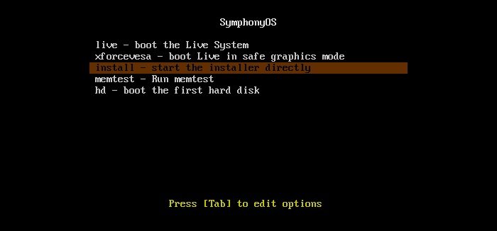 Меню установки SymphonyOS