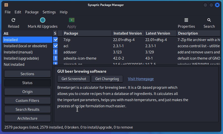 Список установленных пакетов Synaptic Manager