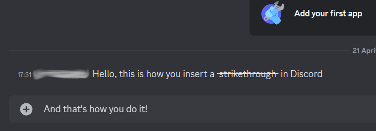 Публикация сообщения с зачеркиванием через приложение Discord для ПК.