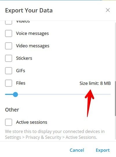 Размер файла экспорта Telegram на ПК