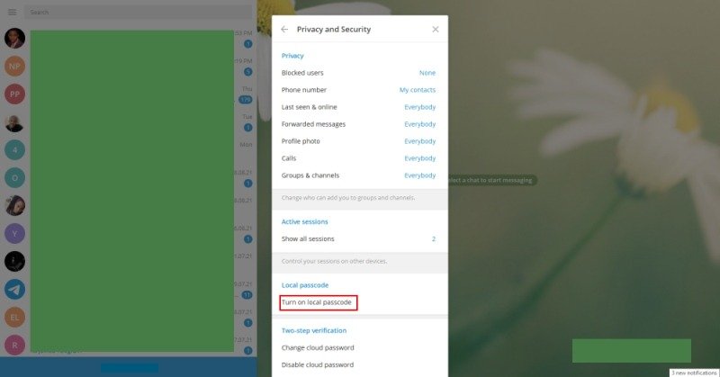 Блокировка пароля Telegram. Нажмите «Включить локальный пароль».
