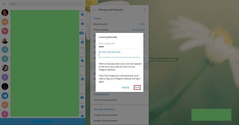 Блокировка пароля Telegram. Введите пароль и нажмите «Сохранить».