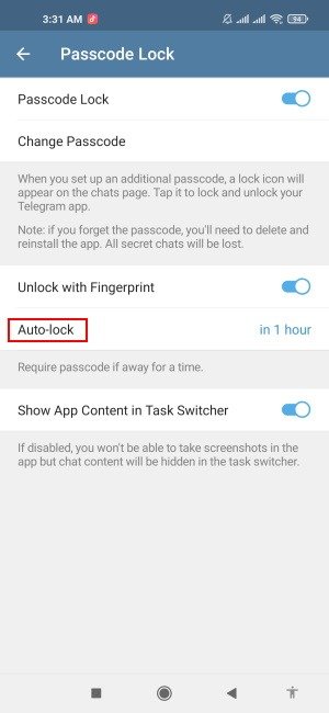 Блокировка паролем Telegram Нажмите «Автоблокировка»