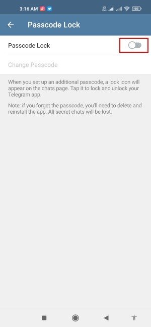 Блокировка паролем Telegram Кнопка включения переключателя 1