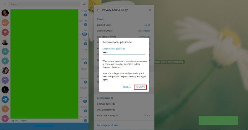 Код доступа Telegram Удалить локальный пароль