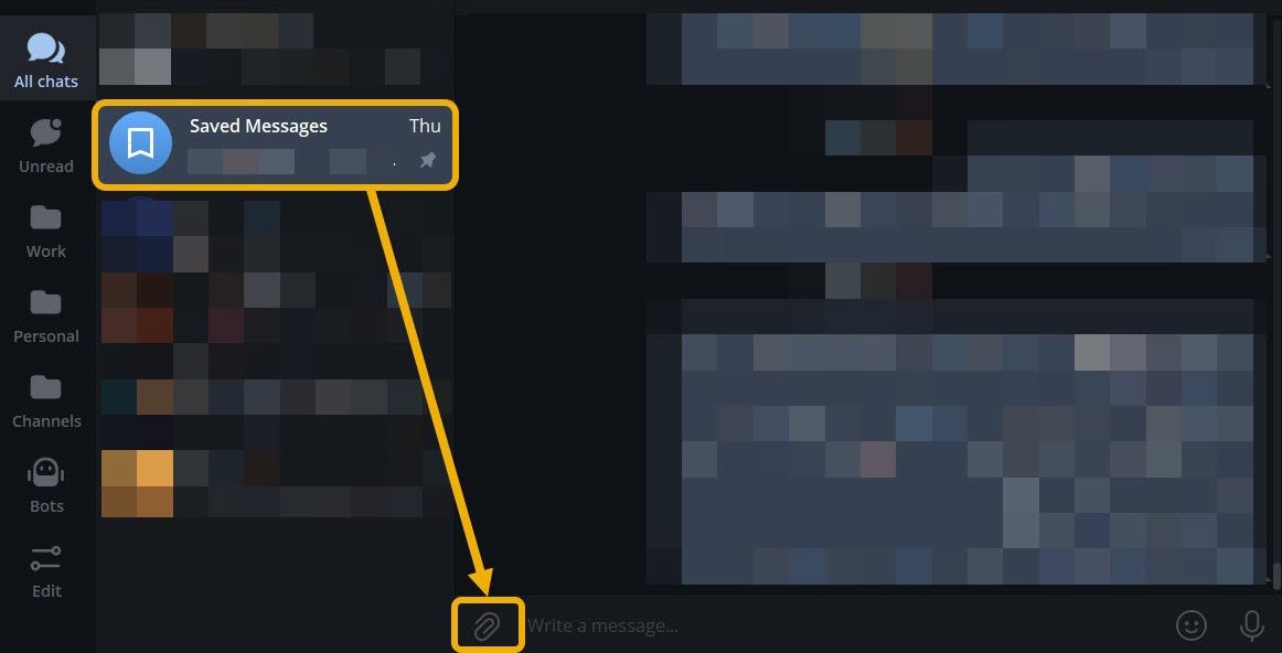 Значок вложения в сохраненных сообщениях Telegram для ПК.