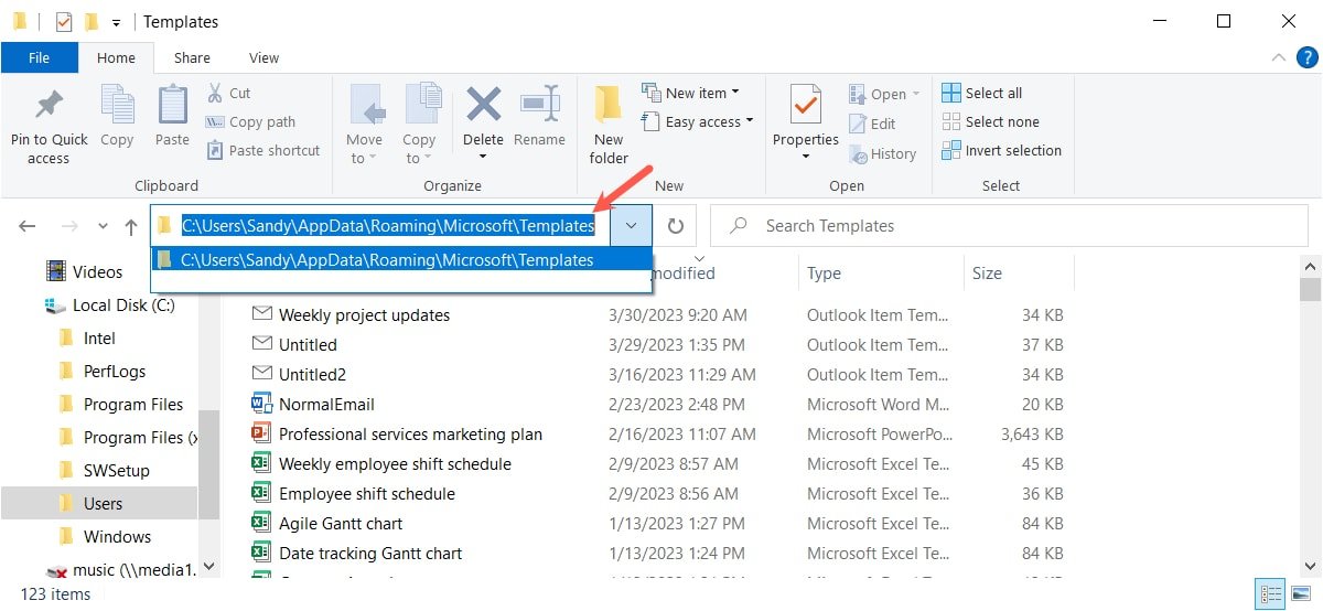 Путь к файлу для шаблонов Outlook в Windows