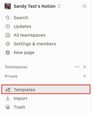 Шаблоны на боковой панели Notion