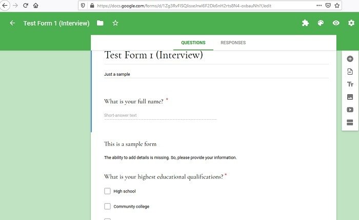 Тестовая форма создана Google Forms