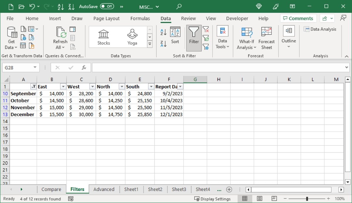 Текстовый фильтр, примененный в Excel