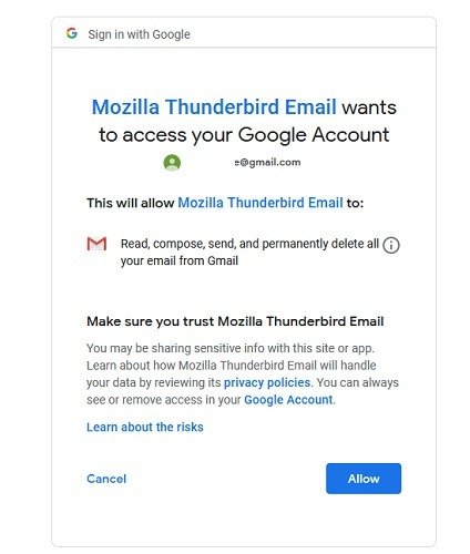 Thunderbirds хочет получить доступ к учетной записи Google