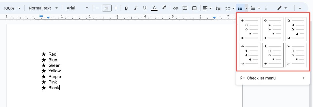Меню маркированного списка на панели инструментов Google Docs