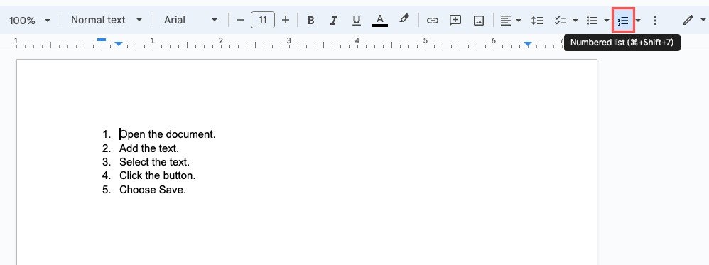 Кнопка «Нумерованный список» на панели инструментов «Документы Google»