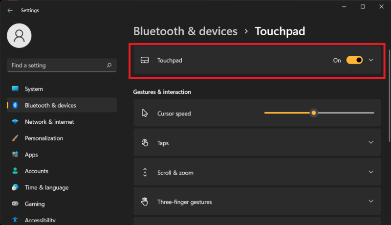 Настройки тачпада Windows 11