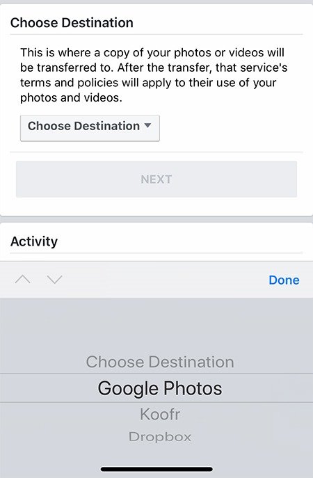 Передача фотографий и видео из Facebook. Приложение «Выбрать пункт назначения».