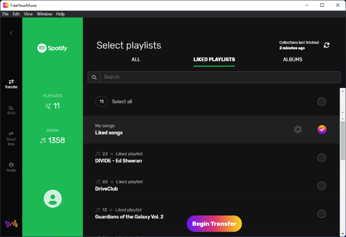 Вид интерфейса FreeYourMusic с созданными списками воспроизведения Spotify.