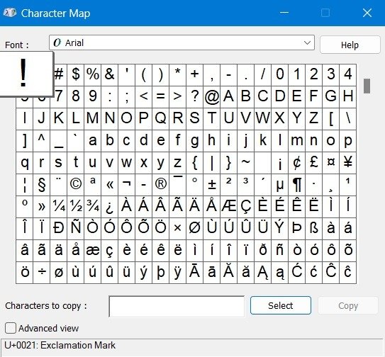 Утилита «Карта символов» открывается в Windows 11 с выбранным восклицательным знаком.