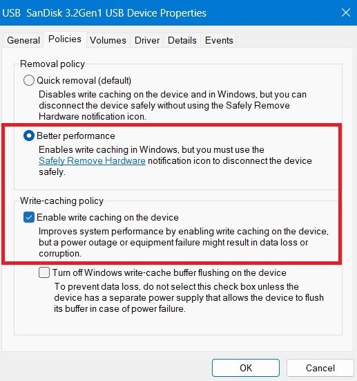 Включите лучшую производительность и кэширование в соответствии с политиками USB-накопителя.