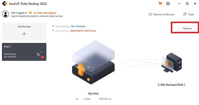 Инструменты USB-образа Easeus Todo Backup Нажмите «Восстановить»