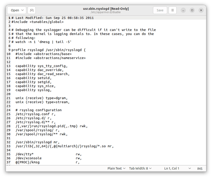 Текст профиля Ubuntu Apparmor Rsyslogd