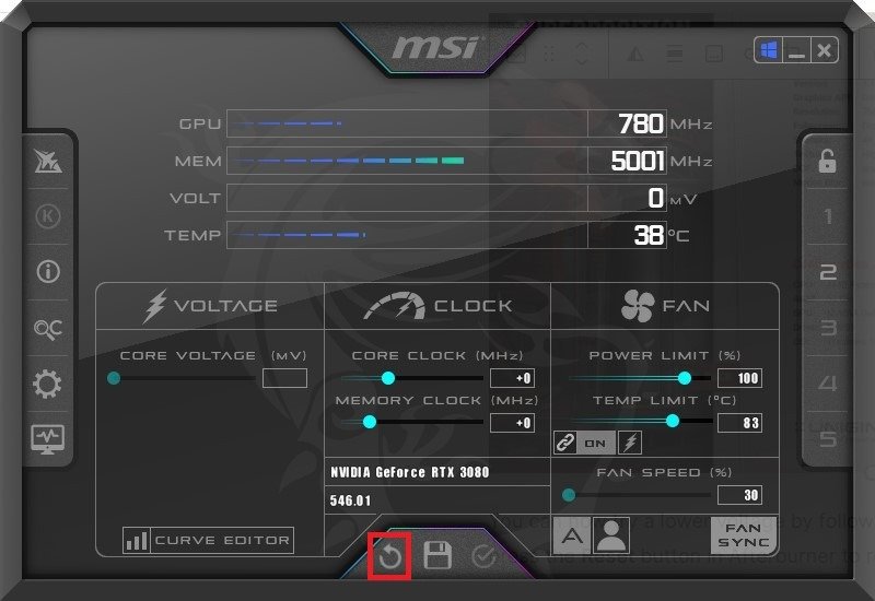 Сброс настроек MSI Afterburner до стоковых