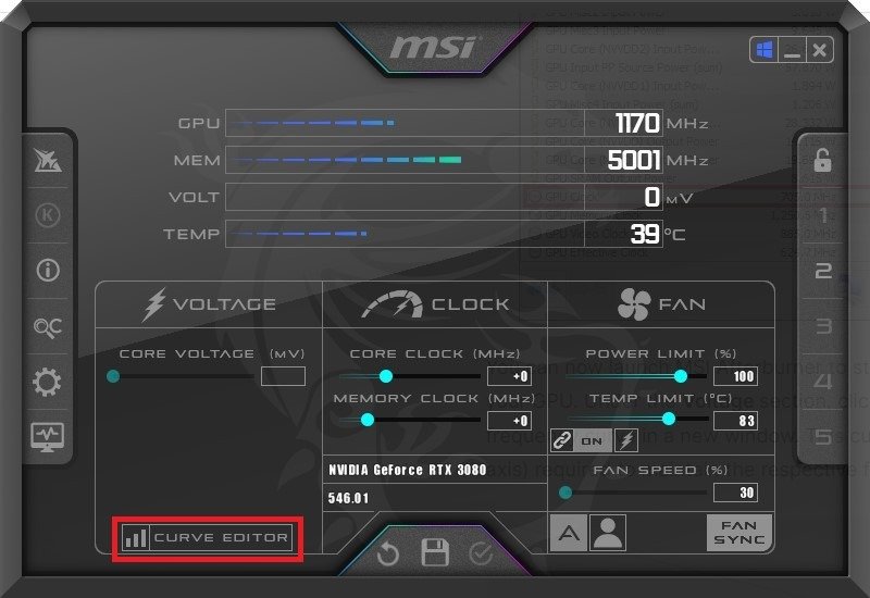 Главное окно MSI Afterburner