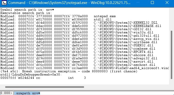 Неожиданное сохранение командной строки Windbg с использованием команды Sympath Srv