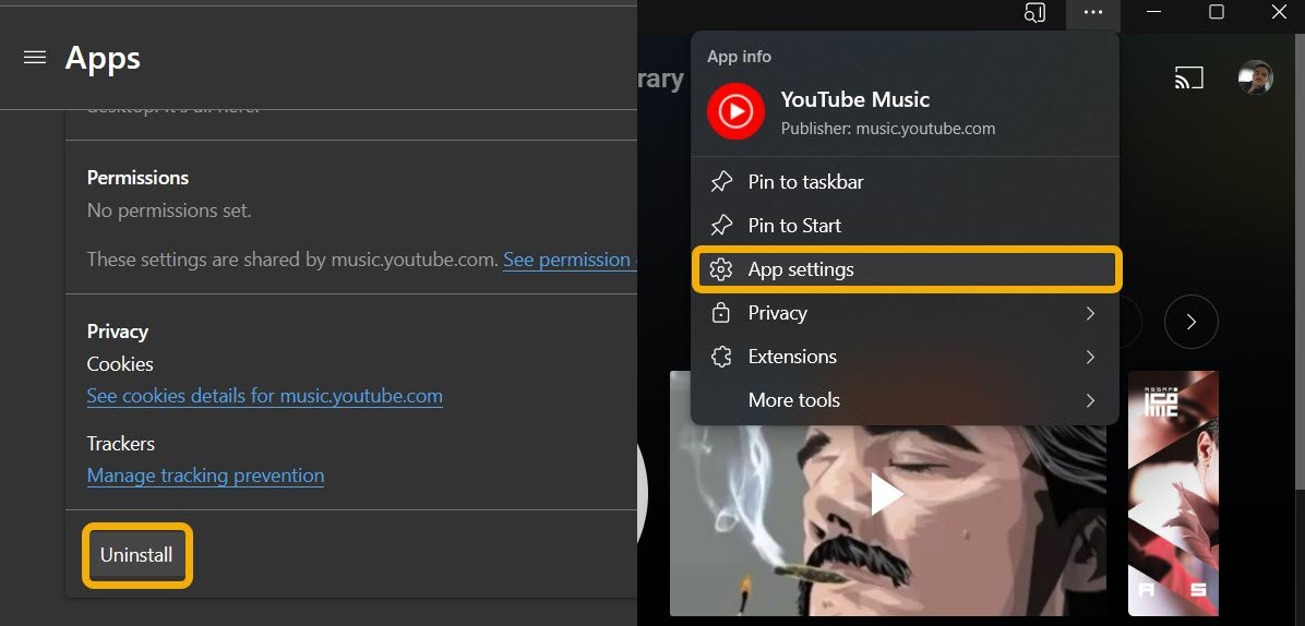 Удаление приложения YouTube Music, если вы установили его с помощью Microsoft Edge.