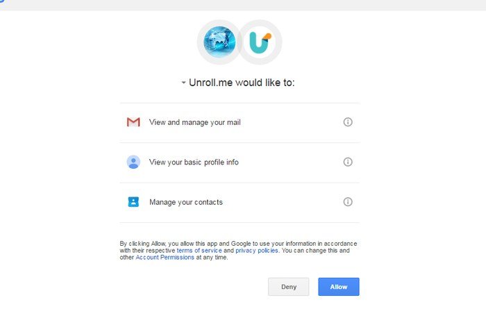 Отписаться от Gmail-информационных бюллетеней-Unroll.me-Permissions