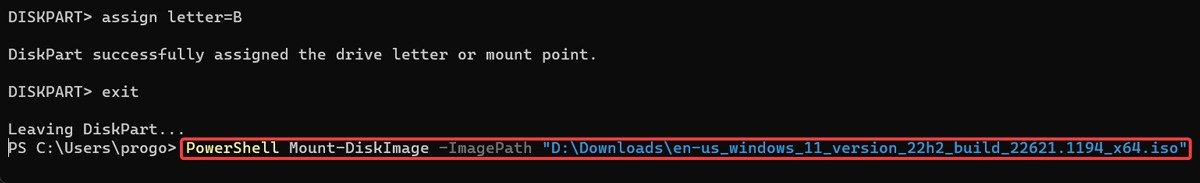 Монтирование ISO-файла Windows 11 в командной строке.