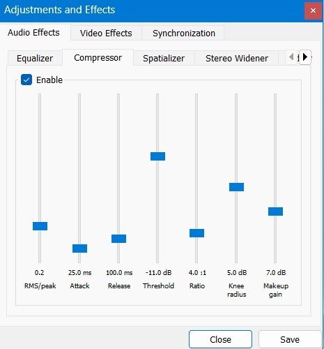 Настройки компрессора в звуках VLC Video Player.