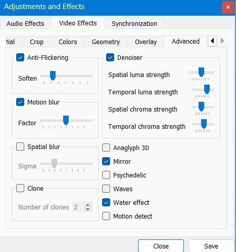 Расширенные видеоэффекты в VLC.