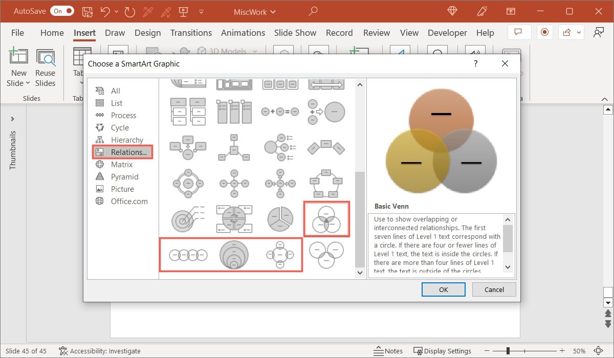 Типы диаграмм Венна в PowerPoint для Windows