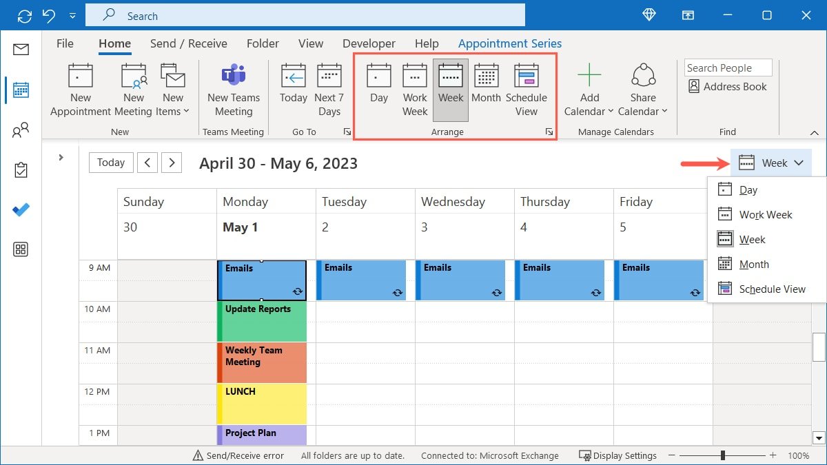 Параметры просмотра в календаре Outlook