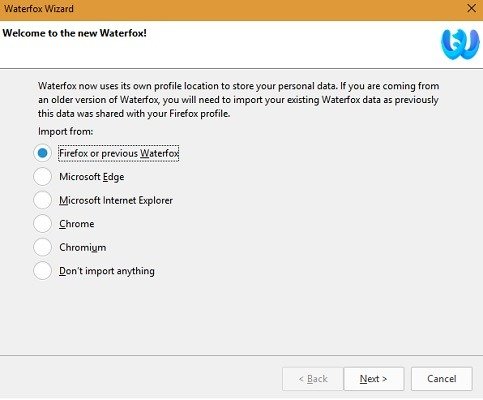 Импорт Waterfox из Firefox