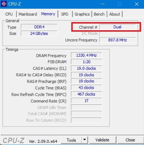 Определение состояния двухканального канала с помощью инструмента CPU-Z.