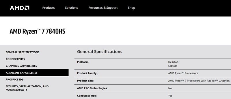 Поддержка искусственного интеллекта видна в AMD Ryzen 7 7840HS на веб-сайте спецификаций.