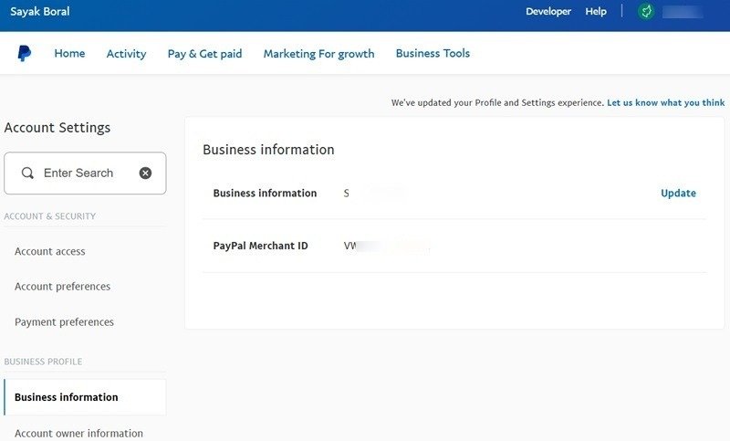 Пример бизнес-аккаунта PayPal с бизнес-информацией и идентификатором продавца PayPal.