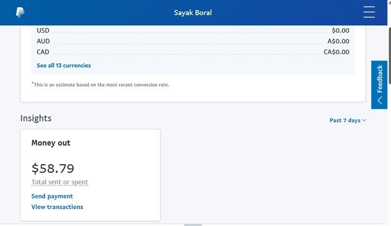 Подтвержденная панель управления PayPal с балансом, поддерживаемыми валютами и информацией о транзакциях.