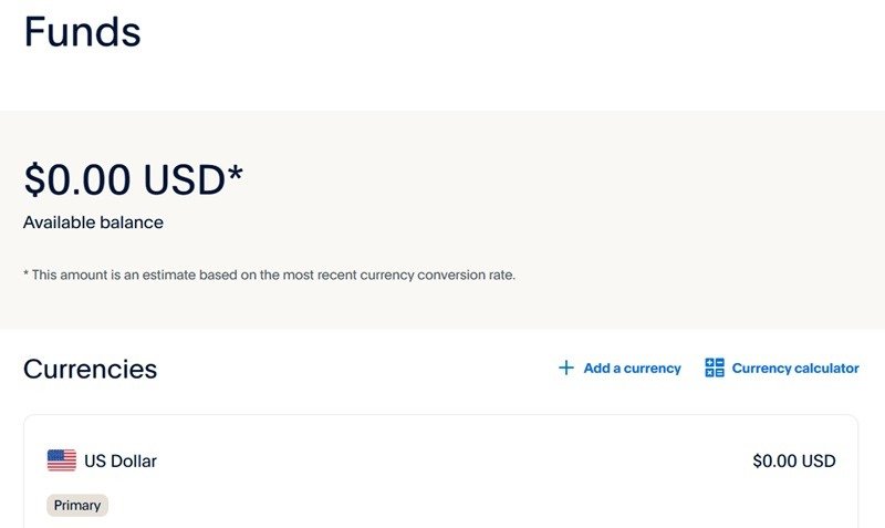 Панель управления PayPal показывает, как добавить новую валюту в разделе «Средства».