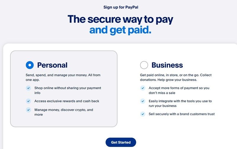 Регистрация бесплатной личной учетной записи PayPal для новых пользователей.