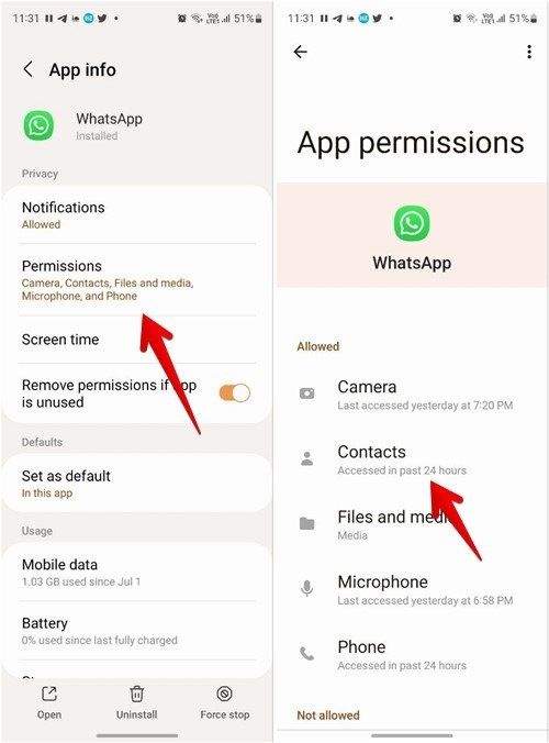 Разрешение приложений WhatsApp для Android