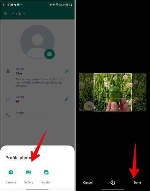 Выбор изображения профиля из галереи в приложении WhatsApp для Android.