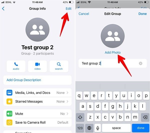 Нажатие на опцию «Добавить фото» для группы в WhatsApp для iOS.