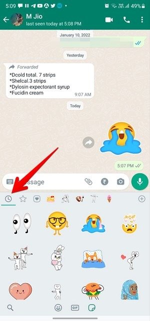 Недавно использованные стикеры WhatsApp